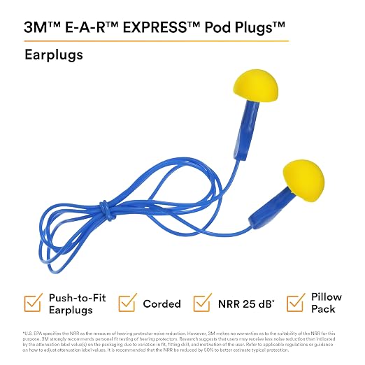 3M E-A-R EXPRESS Pod Plugs Ear Plugs 311-1114, Corded, Blue Grips, Pillow Pack, Pack of 100