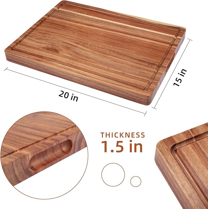 Large Acacia Wood Cutting Boards for Kitchen, 20 x 15 Inch Extra Large Wooden Cutting Board with Juice Groove, Reversible Butcher Block Cutting Board for Meat and Veggies