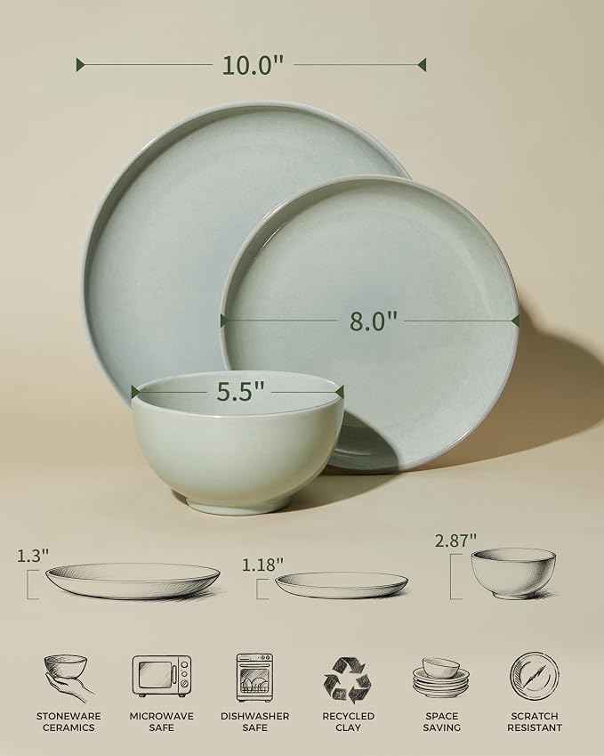 Pokini Santorini Mist Terracotta Reactive Glaze Plates and Bowls Sets, Stoneware Dinnerware Sets, Microwave and Dishwasher Safe Ceramic Dish Set Service for 4, Slate Green
