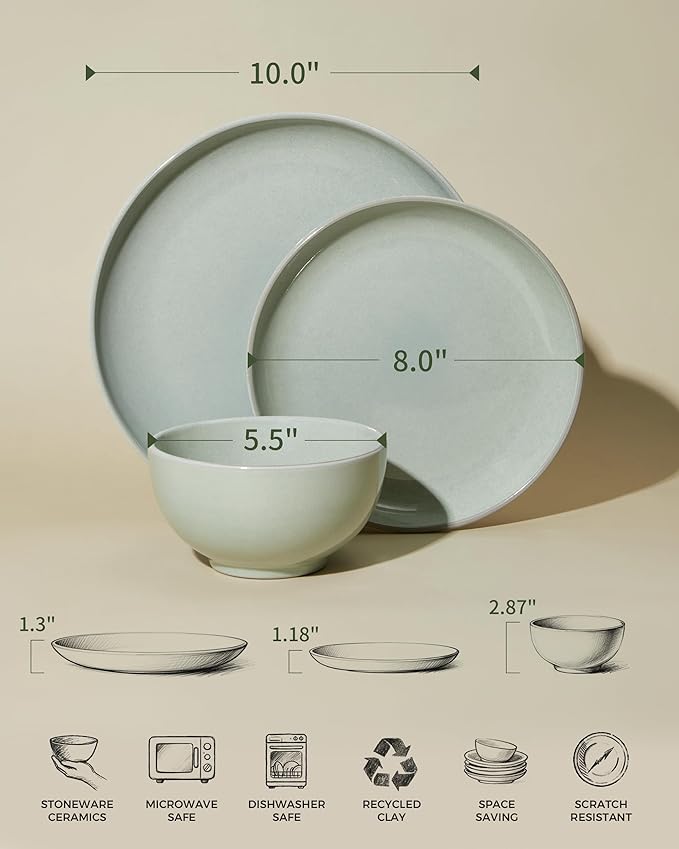 Pokini 18 Piece Dinnerware Set for 6, Reactive Glaze Terracotta Plates and Bowls Set, Large Family-Sized Stoneware Dish Set for Gatherings, Chip and Scratch Resistant, Slate Green