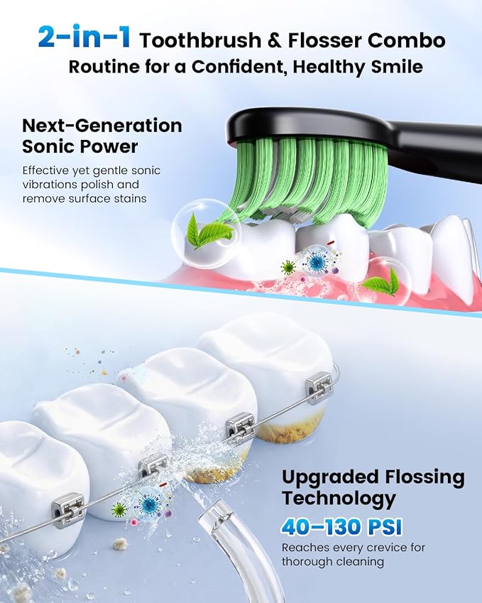 JTF Electric Toothbrush & Water Flosser Combo, 2-1 Portable Oral Clean Kit | Effective Yet Gentle Brushing & Flossing, Multiple Modes for Braces & Sensitive Teeth Care, Cordless for Home Travel, Black