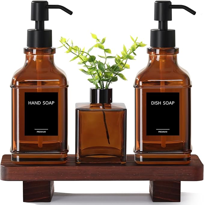 Modern Kitchen Soap Dispenser Set with Wood Tray, Amber Glass Soap Dispensers with Pump, Decorative Hand and Dish Soap Dispenser Set, Soap and Lotion Dispenser Upgrade for Kitchen and Bathroom Decor