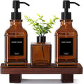Modern Kitchen Soap Dispenser Set with Wood Tray, Amber Glass Soap Dispensers with Pump, Decorative Hand and Dish Soap Dispenser Set, Soap and Lotion Dispenser Upgrade for Kitchen and Bathroom Decor