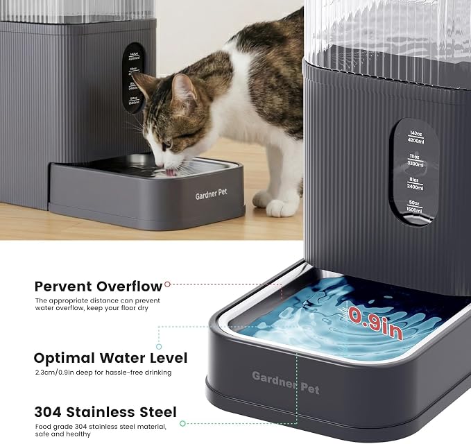 Gardner Pet 2.9 Gallon Automatic Dog Water Bowl Dispenser 11L Gravity Water Feeder with Stainless Steel Bowl & Maifan Stone Filter, BPA-Free for for Cats and Dogs (Grey, 2.9 Gallon)