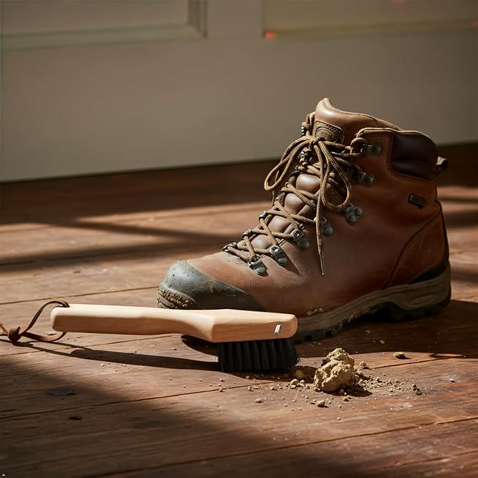 REDECKER Shoe Sole Brush - Wild Boar Bristle, Oiled Beechwood and Stainless Steel Design, 3 Ways to Clean, Made in Germany - Stiff Bristle Boot Brush - Stiff Boot Sole Brush, Set of 2