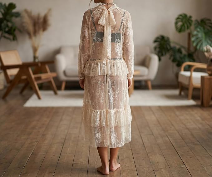 Women Sheer Long Sleeve Lace Duster Robe See Thru Mesh Short Front Long Back Casual Flowy Top Asymmetrical Coverup