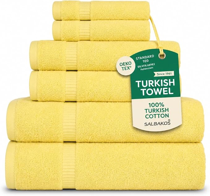 SALBAKOS 100% Turkish Cotton Bathroom Towel Set of 6-Piece, Yellow | 630 Gsm Thick Super Soft Highly Absorbent 2 Bath + 2 Hand + 2 Washcloth Towels Sets, Giftable, Hotel Quality, Made in Turkey
