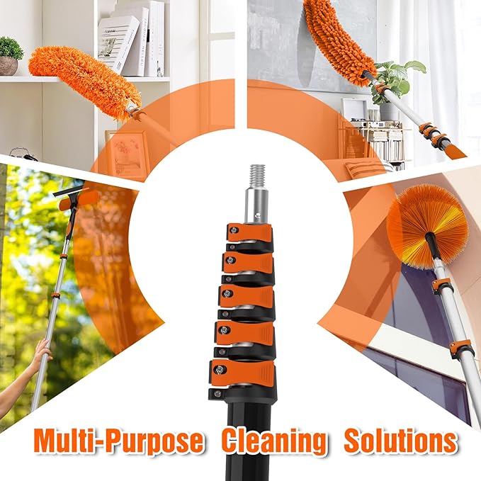26FT Reach Duster Kit, Window Cleaning with 5-20FT Telescoping Extension Pole, High Ceiling Duster, Microfiber Feather Duster, Cobweb Duster, Window Squeegee, Feather Duster, Extendable Pole Kit