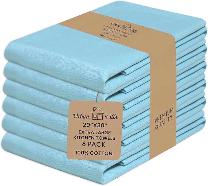 Urban Villa Kitchen Towels 100% Cotton Dish Towels for Kitchen(Set of 6) 20”x30” Dish Cloths Highly Absorbent Kitchen Linen Set with Hanging Loop Perfect for Drying Dishes Cleaning Hand Towels – Aqua