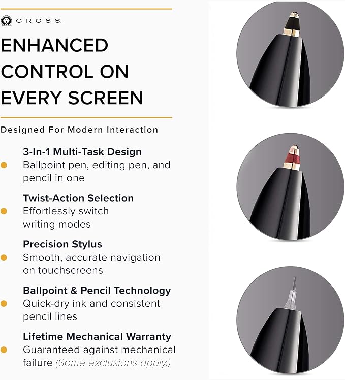 Cross Tech3+ Refillable Multi-Function Ballpoint Pen with Stylus, Medium Ballpen And Pencil, Includes Premium Gift Box - Brushed Chrome