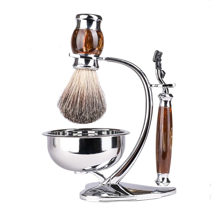 Deluxe Shaving Set for Men - 3-Layer Safety Razor with Badger Hair Brush,Soap Bowl & Magnetic Stand,Grooming Kit for Wet Shaving,Gift for Dad,Father’s Day,Birthday