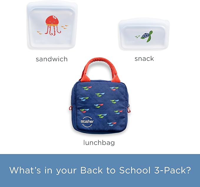 Stasher Reusable Kids Lunch Collection, 3-Pack Set with Lunch Bag | Food-Safe Silicone, BPA-Free, Leak-Free, Eco-Friendly, Dishwasher, Travel Containers, Meal Prep, Food Storage, Travel