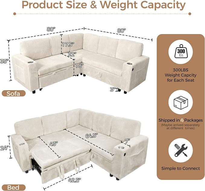 L Shaped Sectional Sleeper Sofa, Pull Out Couch with Storage, Beige | Pull Out Bed, 5 Seat Modular Design, Soft Corduroy Fabric, USB Charging, Cup Holders, Removable Covers, Easy Assembly