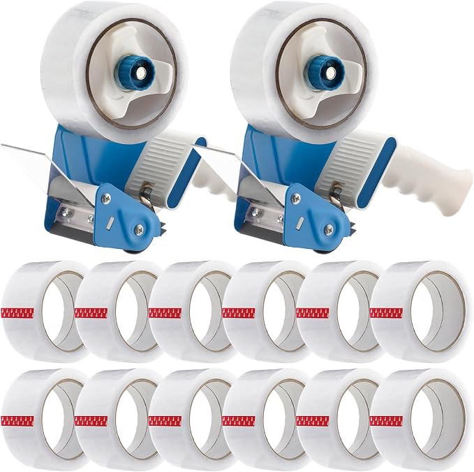 Dunzoom 2 Pack Packing Tape Dispenser Gun with 12 Roll Packing Tape 2 Inch Gun 2.7 Mil Heavy Duty Packaging for Shipping, Moving, Carton and Box Sealing(Blue and White)