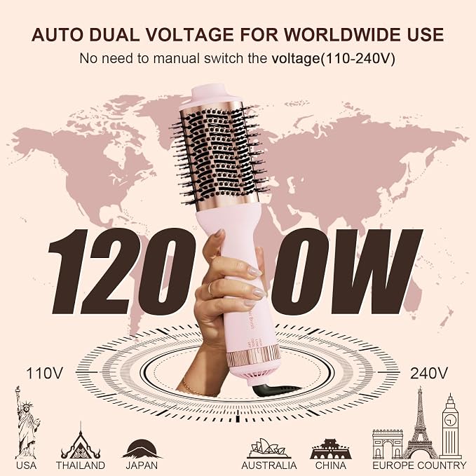 Big Size 1200W Dual Voltage Hot Air Brush Dryer, 120-240V 4 in 1 Ionic Blowout Hair Dryer Brush & Styler Volumizer with 75MM Oval Titanium Barrel for Long & Thick Hair
