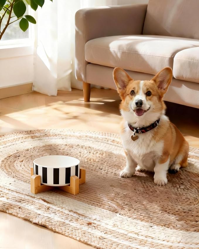 TRUVIC Ceramic Dog Bowl with Wood Stand, Black and White Striped Dog Food and Water Bowl, 2 Cup/14 oz Elevated Puppy Food Bowl for Medium Dogs, Dishwasher Safe, Modern Geometric, Striped