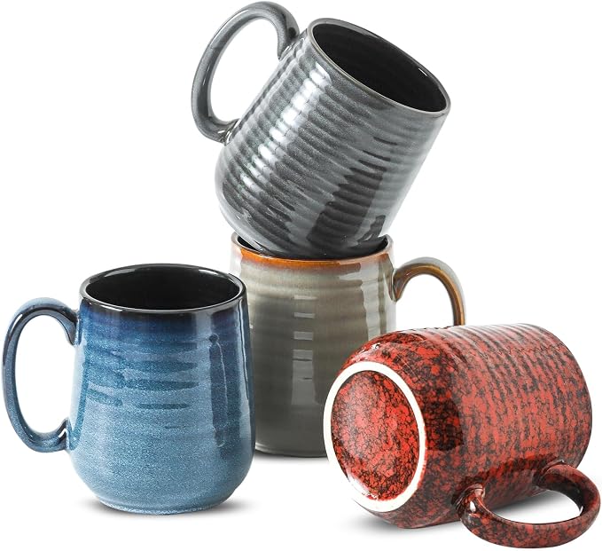 HASENSE Coffee Mugs Set of 4, 15 Oz Stoneware Coffee Cups with Large Handle, Colorful Rustic Mug Set for Coffee, Tea, Coco, Latte, Dishwasher and Microwave Safe
