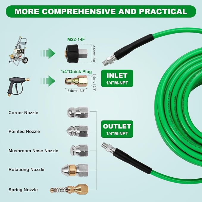 Sewer Jetter Kit for Pressure Washer,Water Jet Drain Cleaning Hose with Corner Rotating Button Spring Nose 1/4" NPT Sewer Cleaning Tool High-Pressure Nozzles,5800 PSI 100 FT