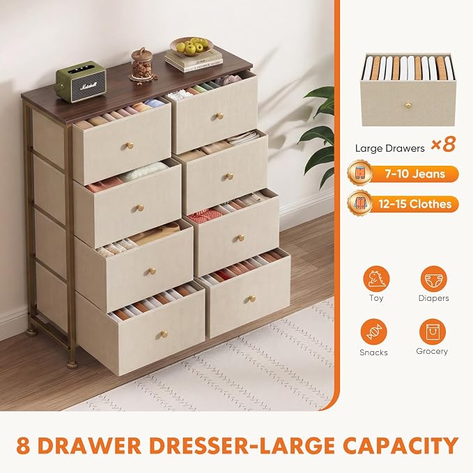 Sweetcrispy 8 Drawer Dresser for Bedroom, Organizer Storage Drawers, Khaki | Fabric Storage Tower, Chest of Drawers with Steel Frame, Wood Top for Living Room, Closet