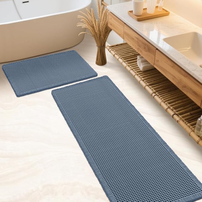 IM HOME Waffle Bath Mat Set 2 Piece Blue,Woven Modern Bath Rug Mats, Absorbent Non Slip Bath Floor Mat, Soft Washable Boho Bath Rugs with Tassels for Bathroom, Bedroom, Kitchen,Tub