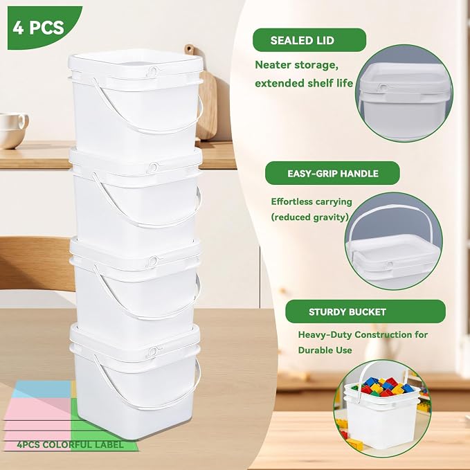 68 oz Food Storage Buckets with Lids, 4 Pack Square BPA Free Plastic Containers with Handles and Labels for Pantry, Rice, Flour, Snacks and Freezer (White)
