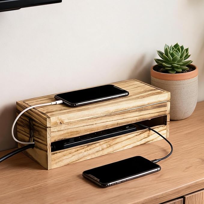 Changsuo Cable Management Box Wooden Cord Organizer Box for Extension Cord Power Stripe Surge Protector Wire Management Concealer Cover Hider for Desktop Home Office Kitchen (Carbonized Brown)