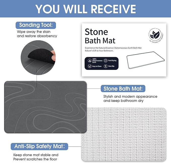 Veeloim Stone Bath Mat Diatomaceous Earth Shower Mat Non-Slip Super Absorbent Diatomite Stone Bath Mats for Bathroom Floor Quick Drying Natural Easy to Clean