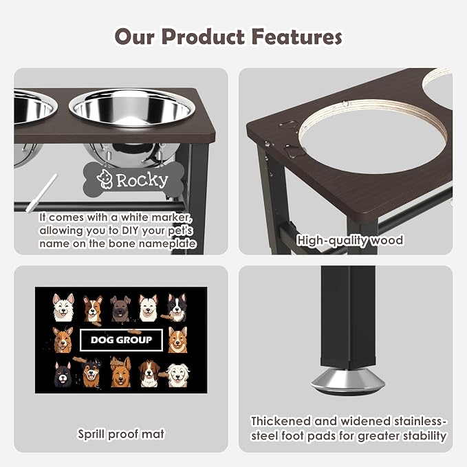 SHAINFUN Elevated Dog Bowls with Slow Feeder & Mat for Medium Large Dogs, Adjustable Height, Raised Dog Bowl Stand with 2 Stainless Steel 58oz Bowls, Tall Dogs Food Water Bowl Wooden & Metal Holder