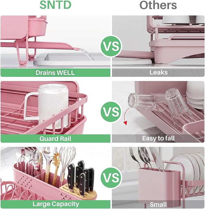 SNTD Dish Drying Rack - Large Dish Racks for Kitchen Counter, Expandable Dish Drainers with Cutlery Holder Stainless Steel Rustproof (Pink)