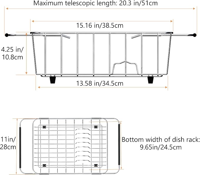 NiuYichee Stainless Steel Dish Drying Rack (15" L X 11" W X 4.1" H), Expandable Fruit & Vegetable Drain Rack Over Sink, Dish Drainer Rack in Sink, with Utensil Holder & Silicone Mat (16")
