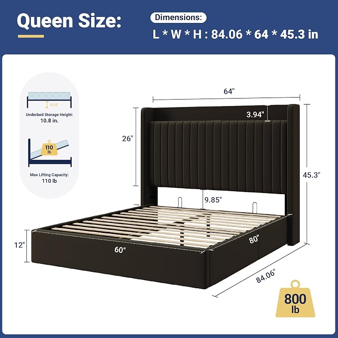 Allewie Queen Lift Up Storage Hydraulic Bed Frame,Charging Station,Black | Storage Shelf Headboard with Charging Station,Type-C,USB Ports,Hydraulic Support,Velvet Upholstered,No Box Spring Needed