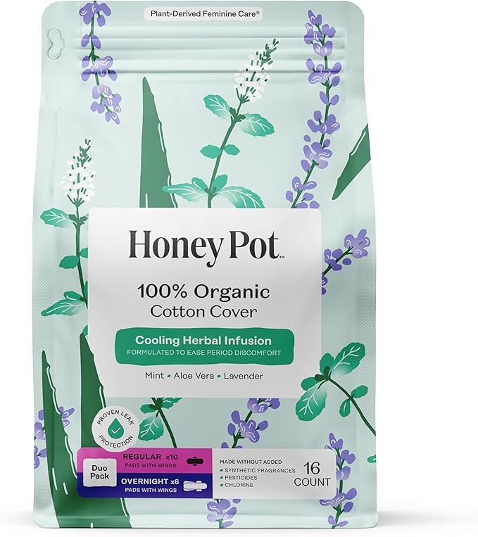 Honey Pot - Herbal Sanitary Pads for Women - Regular & Overnight Flow w/Wings - Infused w/Essential Oils for Cooling Effect & Organic Cotton Cover – Medium Pack - Feminine Care - 16 ct