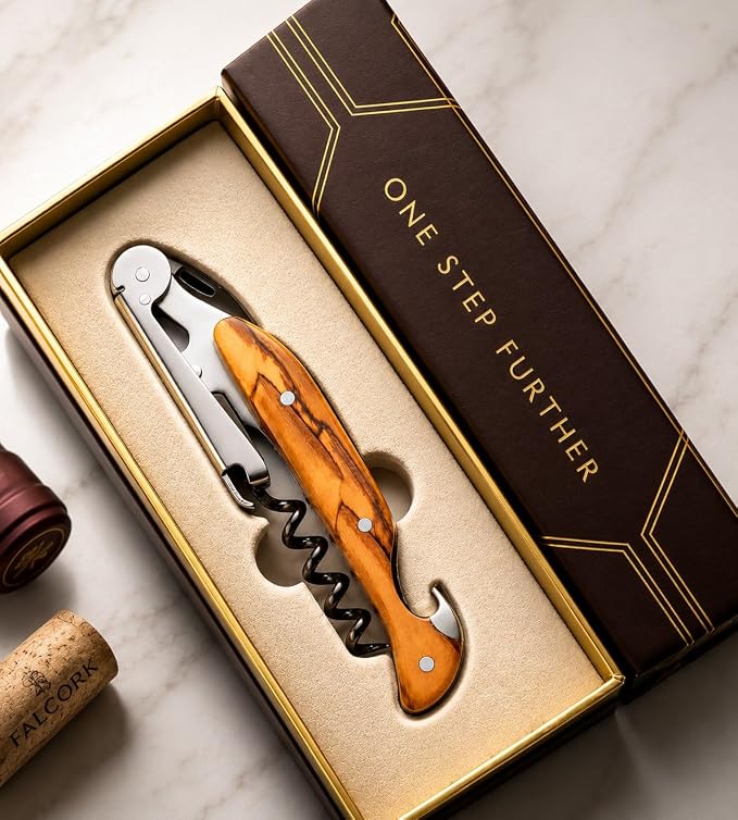 Corkscrew for Professionals FALCORK® 144 Efficiency – Exclusive One-Step Wine Key & Bottle Opener for Intensive Use in Hospitality with an Optimally Marked Helix & Smooth Natural Olive Wood Handle