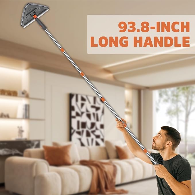 UIMO Wall Cleaner Mop with 94" Long Handle, Triangle Head Scrubber | 2-in-1 Triangle & Rectangle Head with Squeegee, 10 Washable Pads for Walls, Ceilings, Windows, Glass and Hard-to-Reach Areas