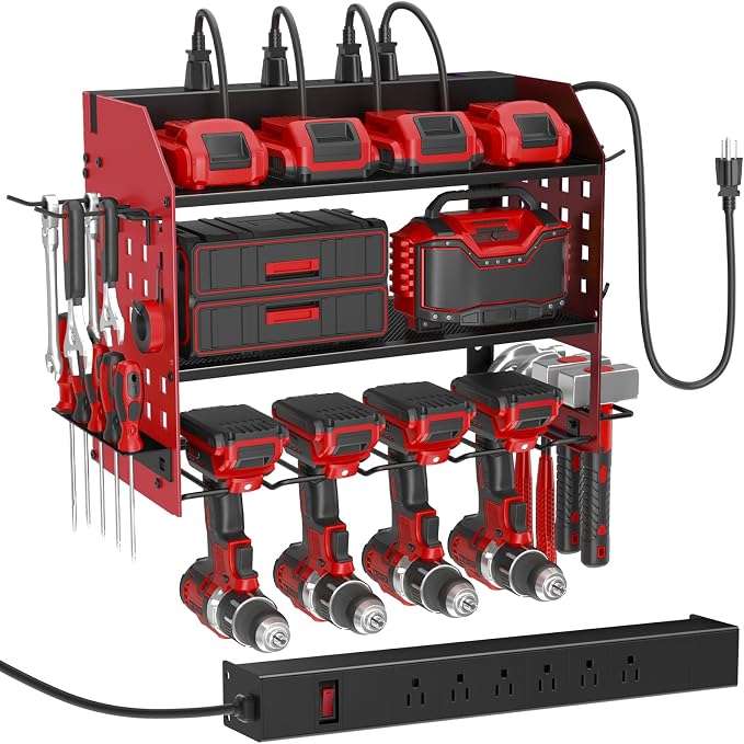 SUNALLY Power Tool Organizer Wall Mount with Charging Station,3 Layer Metal Tool Storage Rack with 4 Drill Holders, Heavy Duty Power Tool Shelf for Garage, Warehouse, Workshop, Gifts for Men, Husband