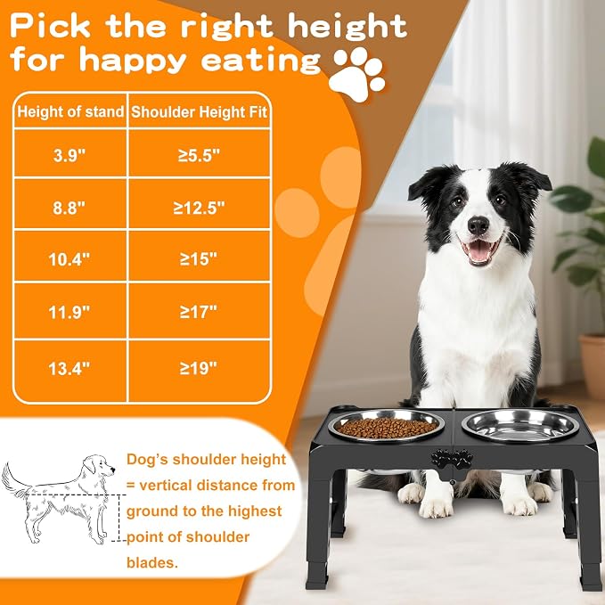 COMESOON Elevated Dog Bowls, 5 Adjustable Heights (3.9"-13.4") Raised Dogs Food Bowl Stand for Medium Large Sized Dogs, Non-Slip Foldable Travel Pet Feeder Black with Stainless Steel Bowls