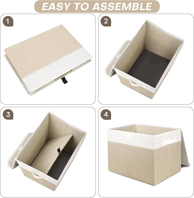 Bagnizer Large 22 Quart Linen Fabric Foldable Storage Bin Cube Organizer Basket with Flip-Top Lid & Handles, Clothes Blanket Box for Home, Office, Closet, Beige & White, 4 Pack 14.6 x 9.5 x 9.5”