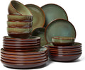 Pokini 24 Piece Double Bowl Dinnerware Sets with Pasta Bowls, Highly Chip and Crack Resistant Plates and Bowls Sets, Natural Earthyware Ceramic Dishware Sets, Service for 6 Brown Green