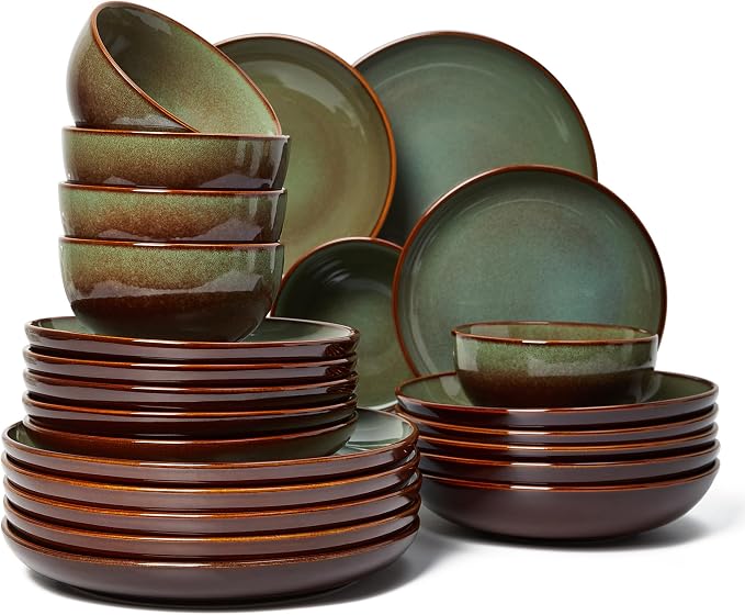 Pokini 24 Piece Double Bowl Dinnerware Sets with Pasta Bowls, Highly Chip and Crack Resistant Plates and Bowls Sets, Natural Earthyware Ceramic Dishware Sets, Service for 6 Brown Green