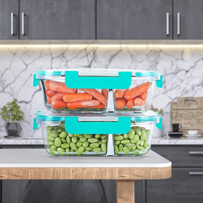10 Packs 30oz Glass Meal Prep Containers 2 Compartments,Glass Food Storage Containers with Lids,Airtight Glass Lunch Bento Boxes,Oven,Freezer and Dishwasher Safe, Green