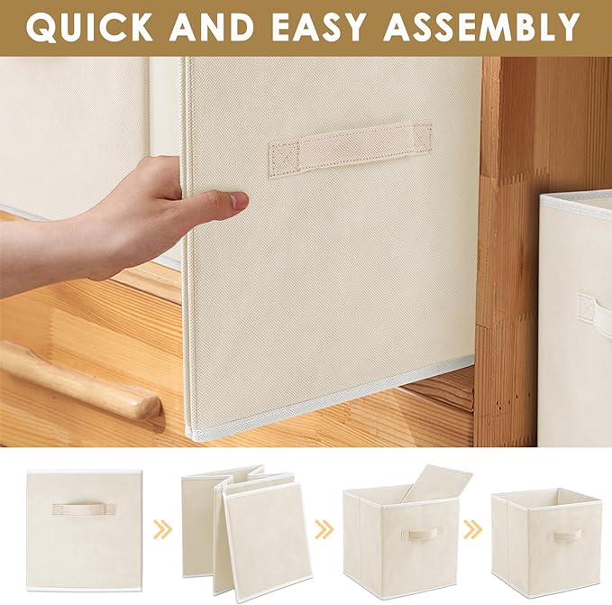 Storage Cubes, 11 Inch Clothes Storage Bins with Dual Handles (10 Pack), Fabric Collapsible Storage Bins for Shelves Closet, Cubby Organizer Bins for Clothing Toys Blanket Magazines (Beige)