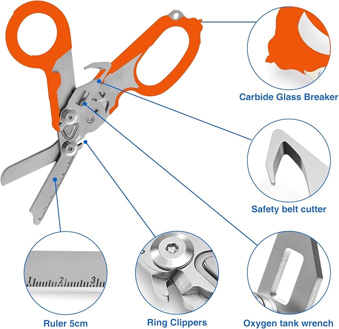 Heavy Duty 6 in 1 Multifunctional Trauma Shears Foldable | Stainless Steel emergency response scissors | Survival Shears with Holster | Medical Trauma shears Tactical With Strap Cutter | Orange