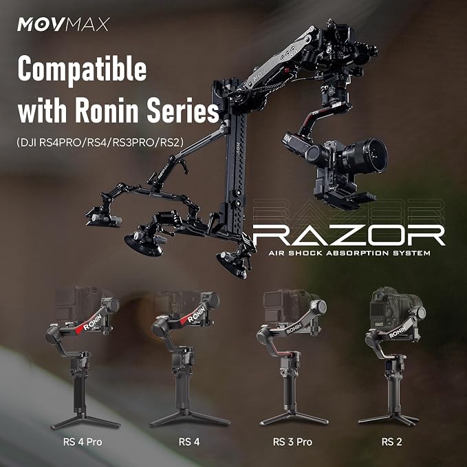 MOVMAX Razor Arm Air Shock Absorption Car Mount Shooting System for DJI Ronin Series(eg:RS4 Pro/RS4/RS3 Pro), Four Suction Cup Car Mount Kit,Gimbal Stabilizer with 22 Inch Storage Case(Green)