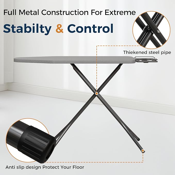 BEWISHOME Foldable Ironing Board,Compact Iron Board with Safety Iron Rest | and 7 Adjustable Heights , Ironing Stand with Cover and Pad for Heat Resistance, for Laundry Room 43" X 13" Grey KYB01B