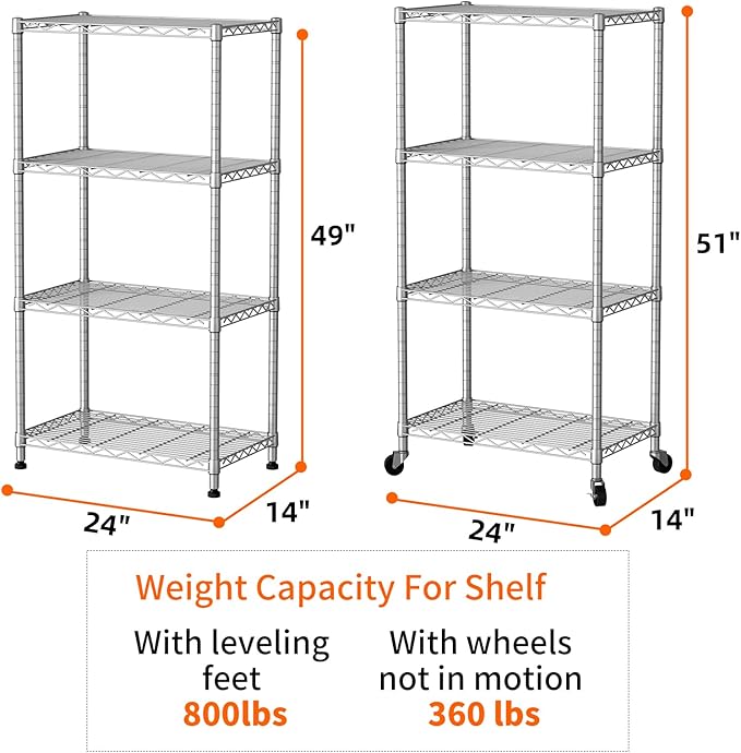 SINGAYE 4 Shelves Storage Wire Shelf Closet Metal Shelving Pantry Wheels | Shelf Bathroom Organizers Metal Kitchen Garage Shelving Unit Laundry Room Organization Home Rack Net Basket with Wheels
