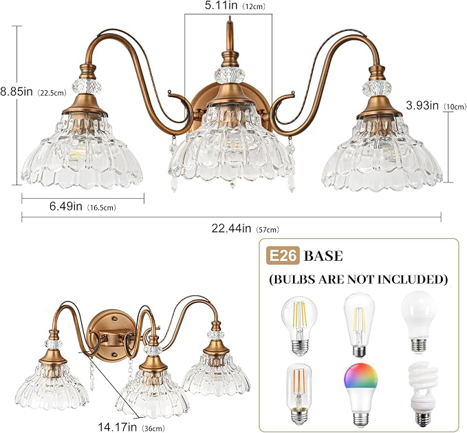 Vintage Bathroom Vanity Light, 3-Light Matte Antique Brass Finish Wall Sconce with Hanging Crystal Accents and Flower-Shaped Clear Glass Shades, Retro Wall Mount Vanity Light Over Mirror for Bathroom