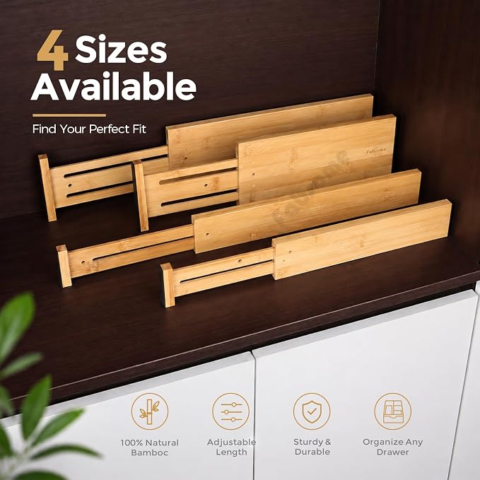 Fabsome Drawer Divider 6 Pack, Bamboo Dresser Organizers for Clothes Socks Underwear Baby Clothing, Wooden Separators for Nursery Organization Adjustable from 12.5'' to 17'' with Soft Foam Ends