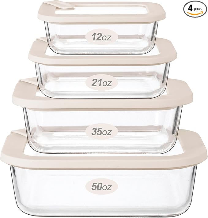 Glass Food Storage Containers with Glass Lids, Microwave Safe Food Container Set, Aitight Meal Prep Container Set, LeakProof, 100% Plastic Free, 4 Pack