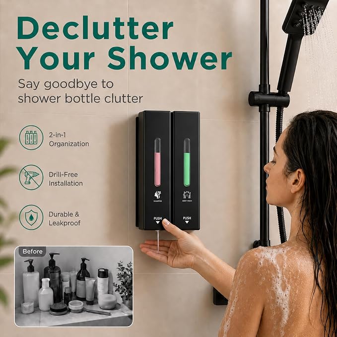 Shampoo and Conditioner Dispenser Wall Mounted, 3-Chamber Shower Soap Dispenser for Bathroom, 1200ML Large Capacity, No-Drill Installation, Clog-Free Pump for Thick Liquids (black-2-pack)