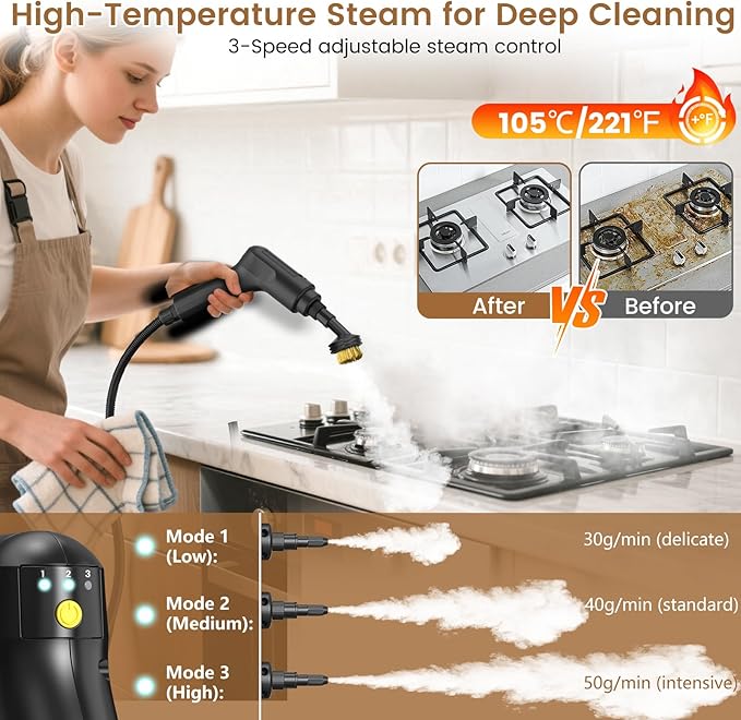 2500W Handheld Steam Cleaner, 3-Level Adjustable Steam Cleaner for Home with 16 Accessories, Multipurpose Portable Steamer Cleaning for Car,Floor,Furniture,Tile,Grout,Couch,Fast Heat-Up (Green)